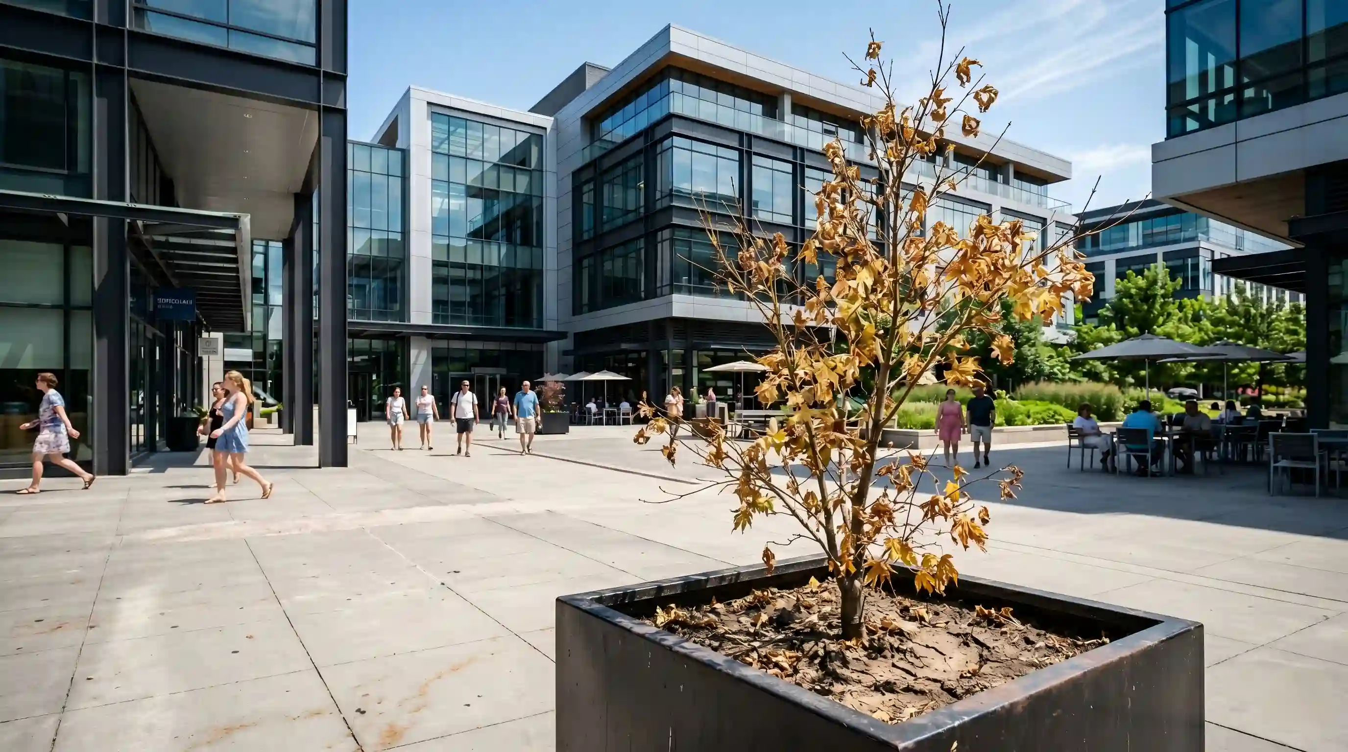 Yellowing plant leaves and root rot caused by poor commercial planter materials in urban heat islands